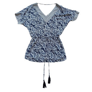 Anthropologie En Creme Shirt Womens S Boho Festival Peasant Tassel Blue White